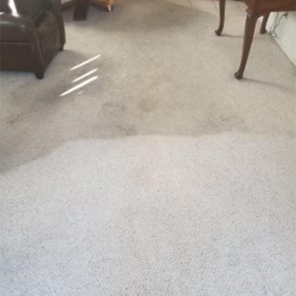 Sea Breeze A room with light-colored carpet showing noticeable stains and clean areas, suggesting a need for floor cleaning. There's furniture partially visible on the left and a wooden table visible on the right. The gentle scent of sea breeze wafts through, providing a refreshing atmosphere. Floor And Window Cleaning