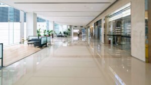 Sea Breeze A modern, spacious lobby features a glossy tiled floor that shines from regular floor cleaning, seating areas, green plants, and glass doors leading to various rooms and offices. Floor And Window Cleaning