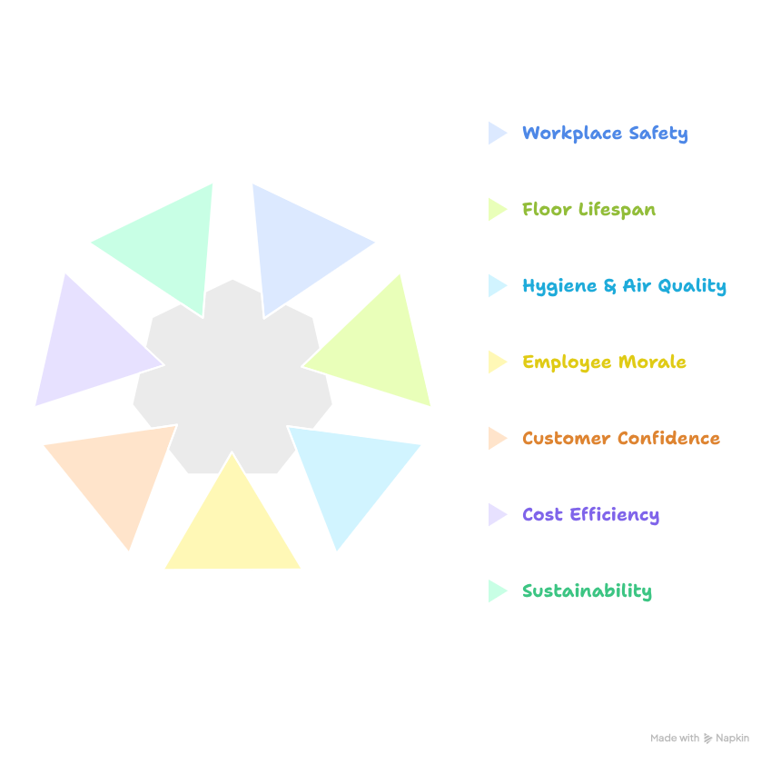 Sea Breeze A color-coded diagram lists workplace safety, floor lifespan, hygiene & air quality, employee morale, customer confidence, cost efficiency, and sustainability. Floor And Window Cleaning