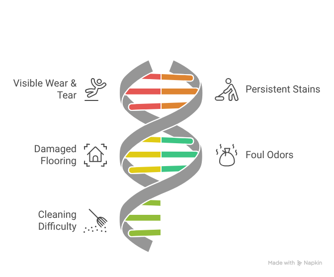 Sea Breeze A DNA double helix illustration showing five issues: visible wear and tear, damaged flooring, cleaning difficulty, persistent stains, and foul odors, each with a matching icon. Floor And Window Cleaning