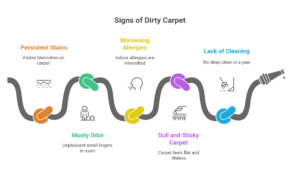 Sea Breeze An infographic titled "Signs of Dirty Carpet" shows five issues: persistent stains, worsening allergies, musty odor, dull and sticky carpet, and lack of cleaning, each with icons and brief descriptions. Floor And Window Cleaning