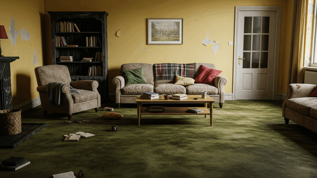 Sea Breeze A living room with worn yellow walls, mismatched sofas, a bookcase, and a coffee table cluttered with books and mugs; books and other items are scattered on the green carpet. Floor And Window Cleaning
