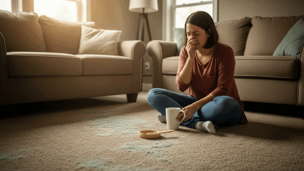 Sea Breeze A woman sits on the carpeted floor between two sofas, holding a mug, appearing tired or upset, with sunlight coming through the windows behind her. Floor And Window Cleaning