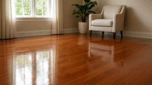 Sea Breeze A bright, minimally furnished room with polished wooden floors, a beige armchair, a potted plant, and large windows with light curtains. Floor And Window Cleaning