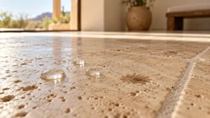 Water drops beading on a travertine floor tile beside one drop that has soaked in and darkened the stone